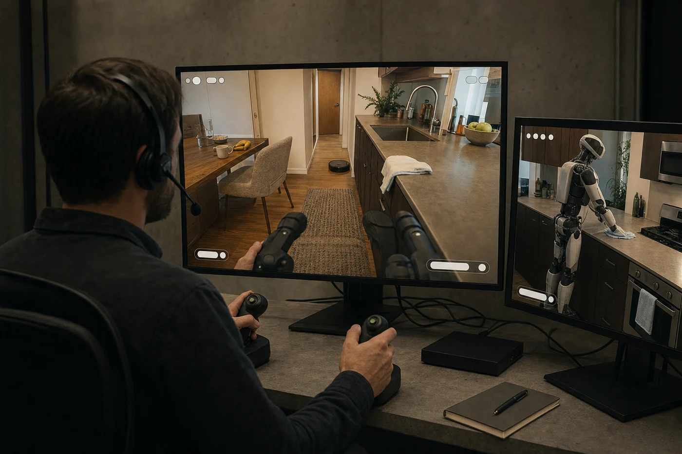 A remote operator uses two control sticks while monitors show a humanoid robot cleaning an apartment kitchen.