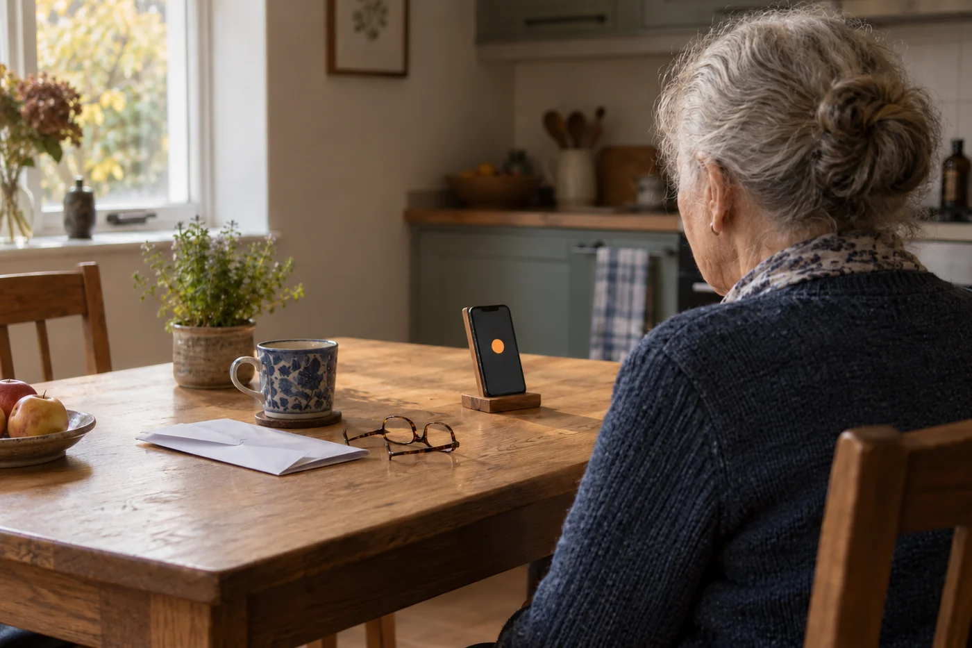 An older woman sits at a kitchen table facing a phone on a stand, with a letter, reading glasses and tea nearby.