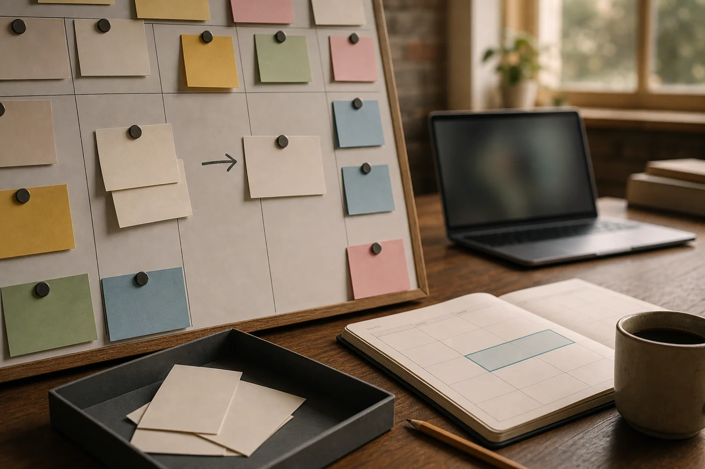 A physical project board with duplicate cards merging into one, archived originals in a tray and a focus block marked on a paper calendar.