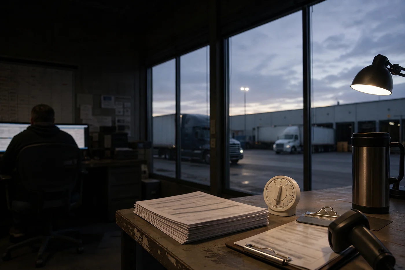 A freight dispatch office at dawn with shipping forms and a mechanical timer on the desk overlooking a truck yard.