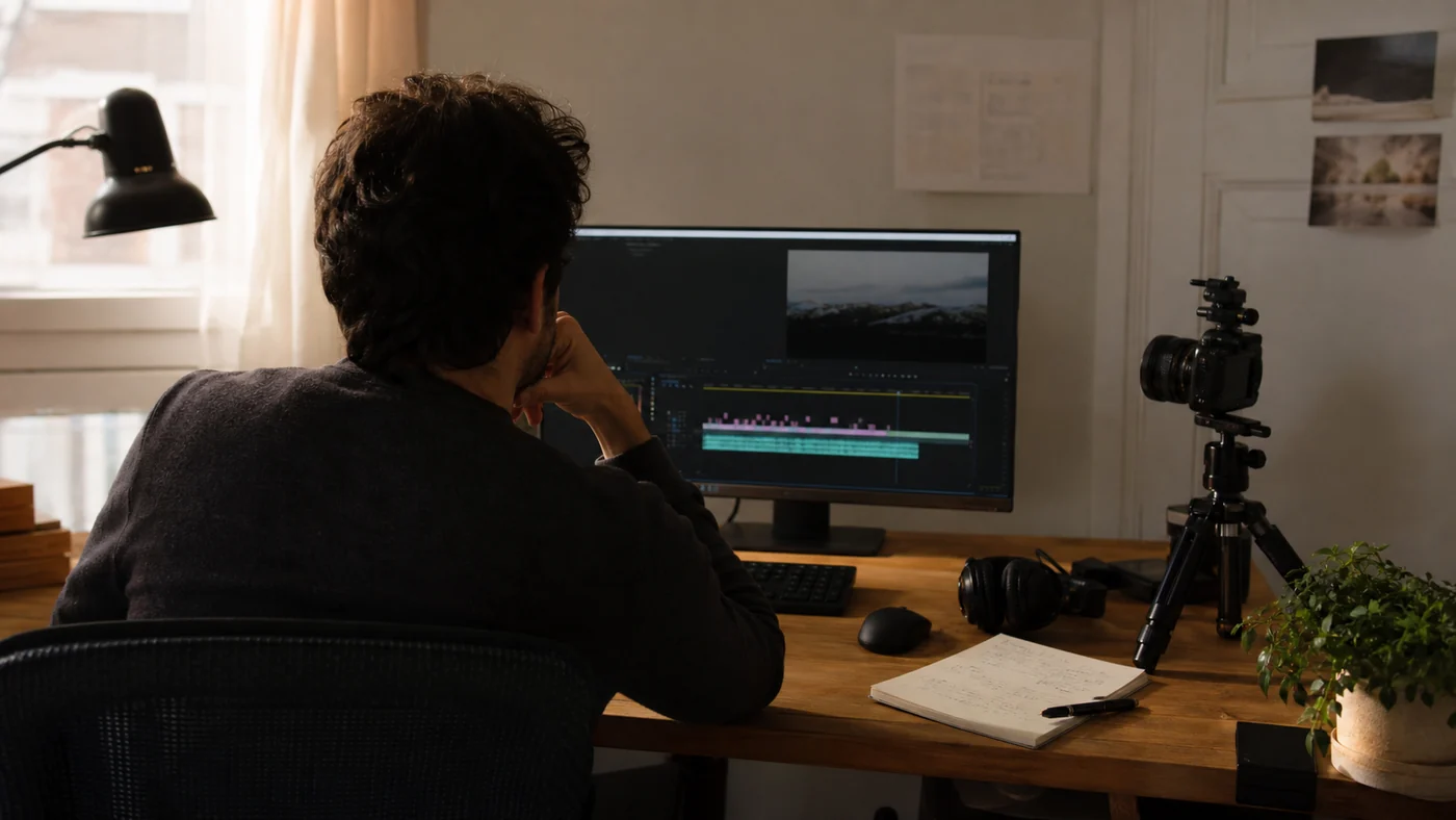A video creator sits at a modest home-studio desk reviewing an unbranded editing timeline beside a camera and headphones.