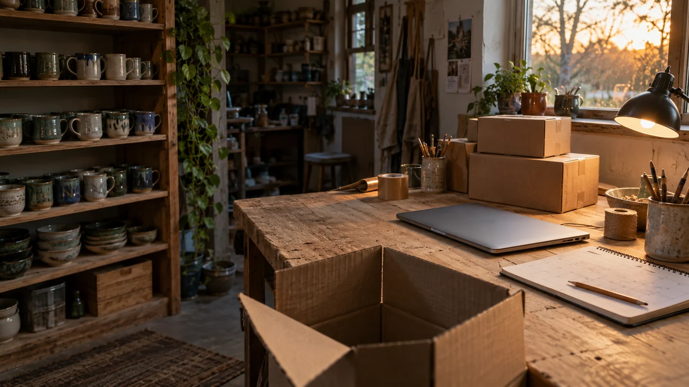 A ceramic workshop with handmade mugs, shipping boxes, a closed laptop and a paper calendar on the workbench.