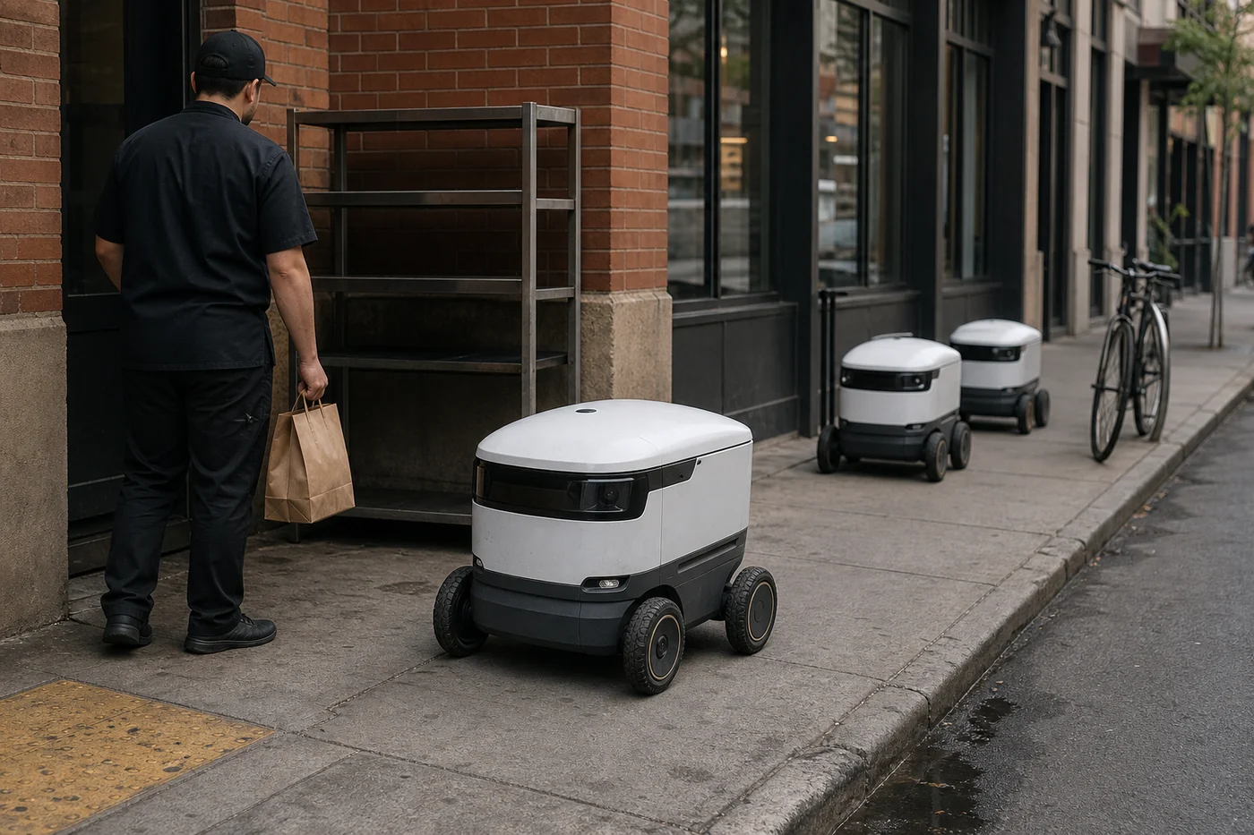 A restaurant worker holding a takeout bag beside a sidewalk delivery robot, with two more robots waiting farther down the curb.