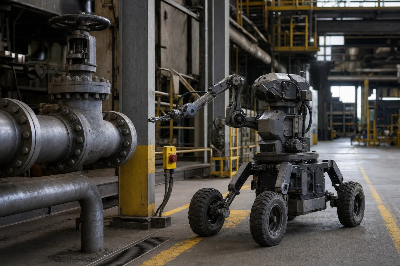 A realistic wheel-legged industrial robot with two manipulator arms beside a large valve and pipe manifold in a steel facility.