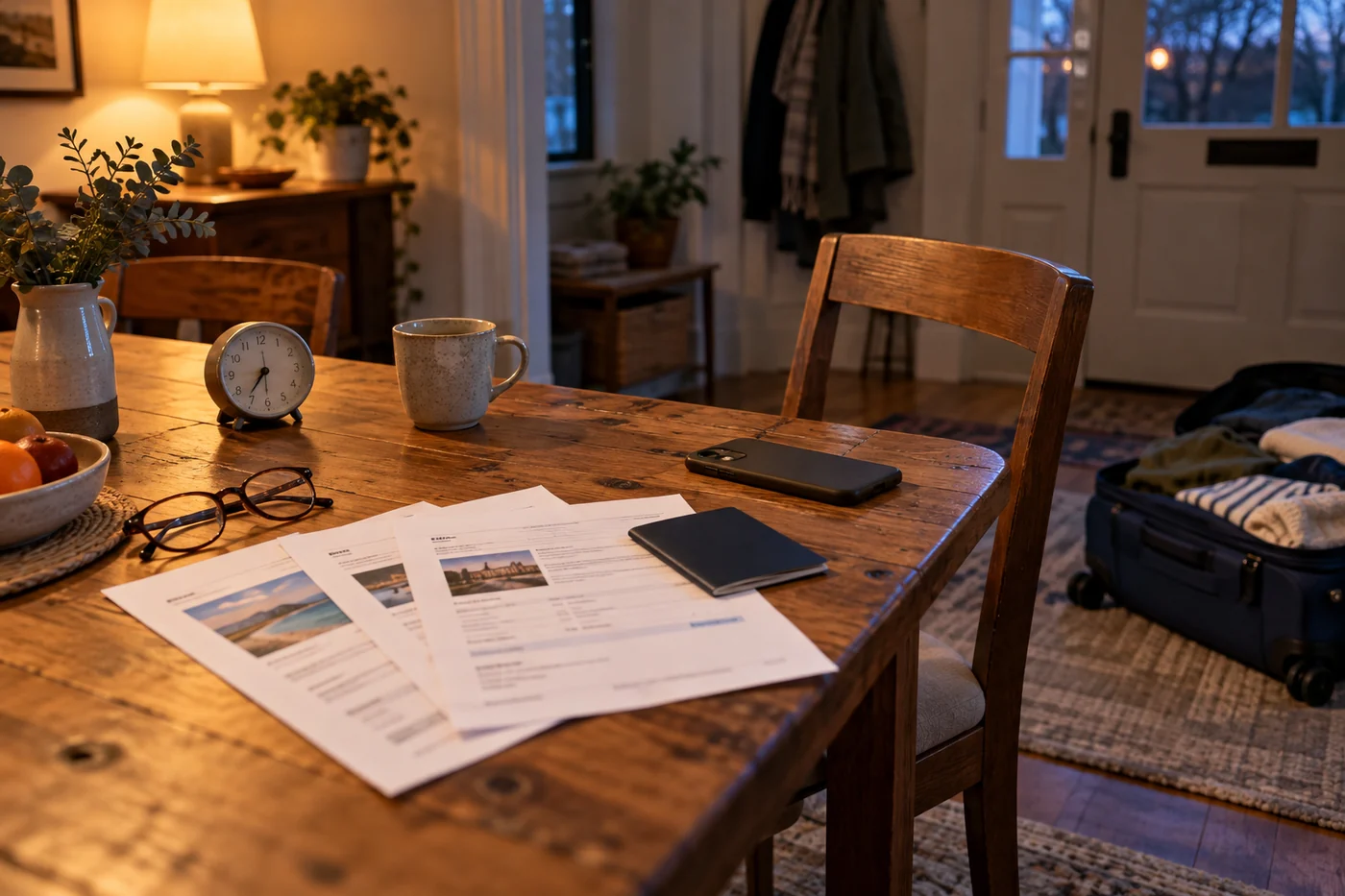 Travel confirmation printouts, glasses and a plain passport on a dining table beside a half-packed suitcase at dusk.