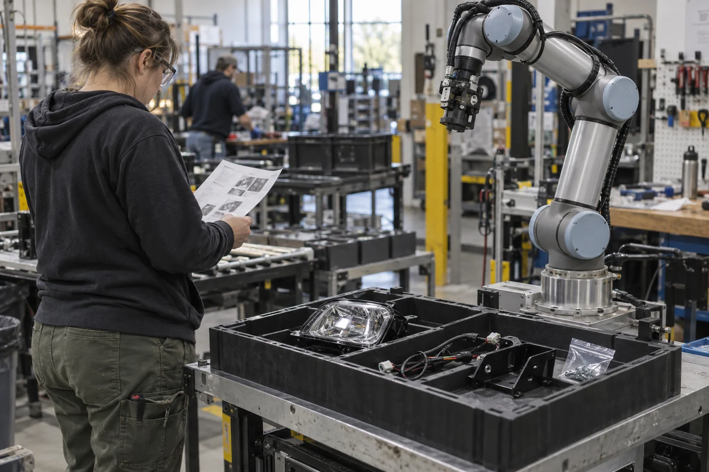 An industrial robotic arm paused over a kitting tray with a headlamp housing, wiring harness, bracket, and screws while a technician checks an assembly card.