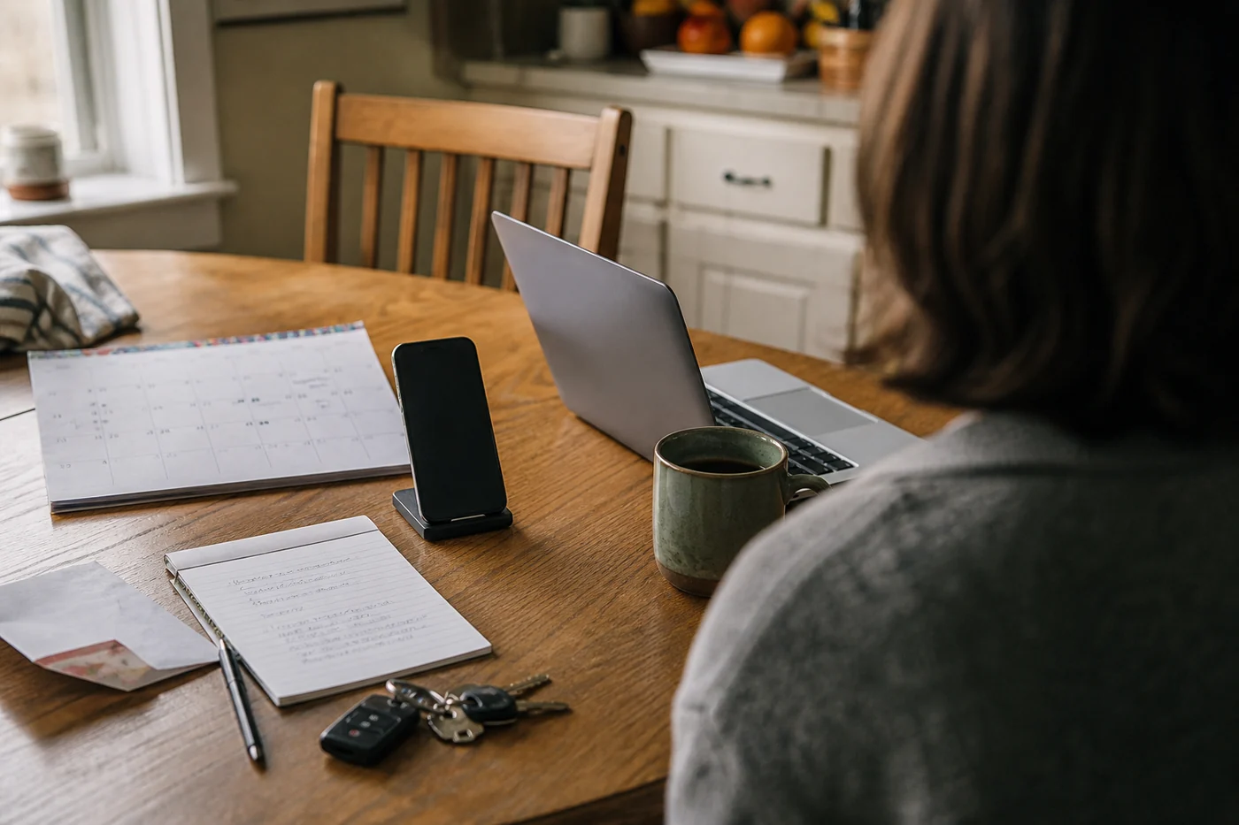 A person at a kitchen table with a phone, laptop, paper calendar, written list, coffee, and keys in early-morning light.