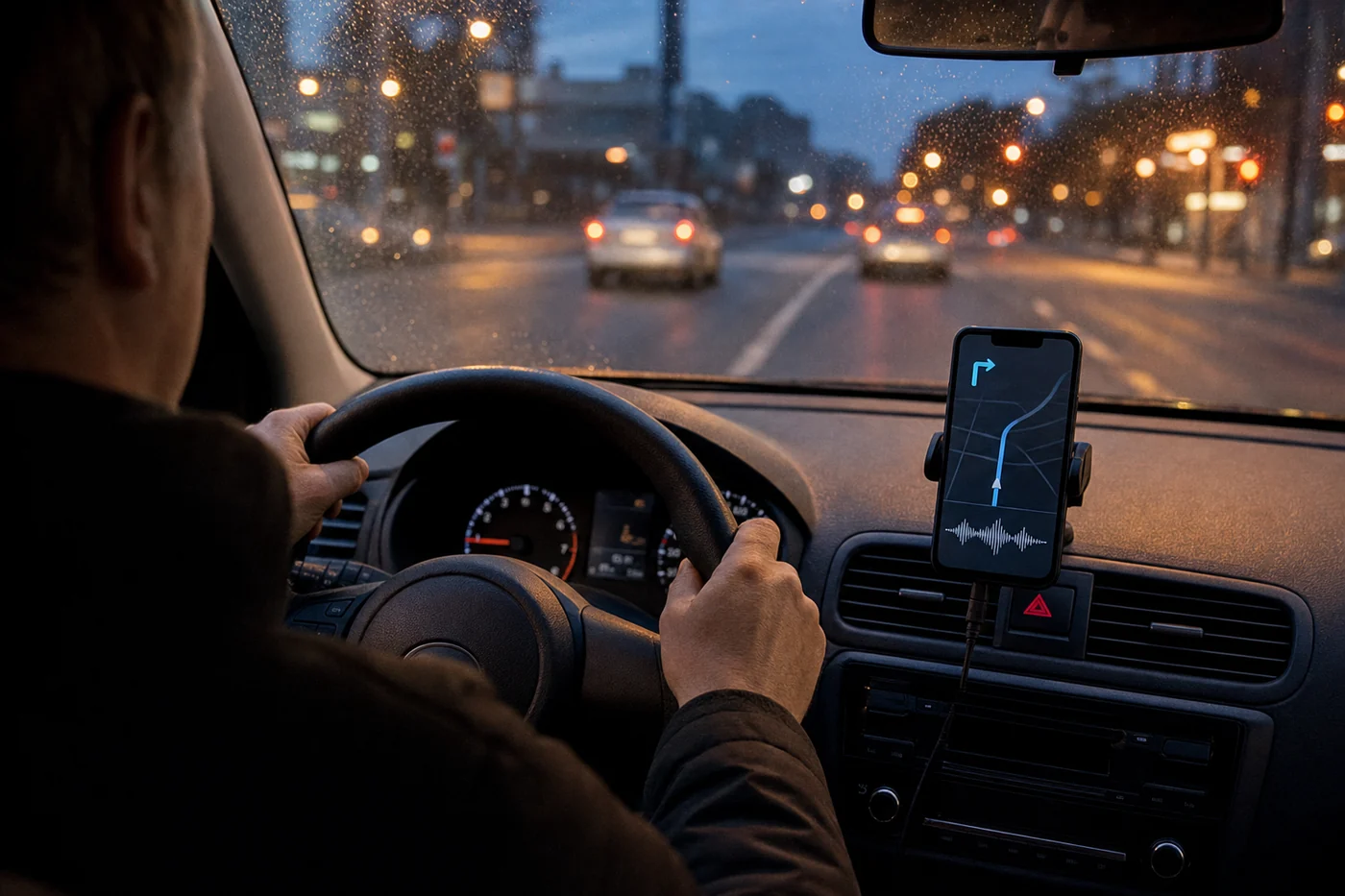 A driver keeps both hands on the wheel while a mounted phone shows a simple navigation route on a rainy city road at dusk.