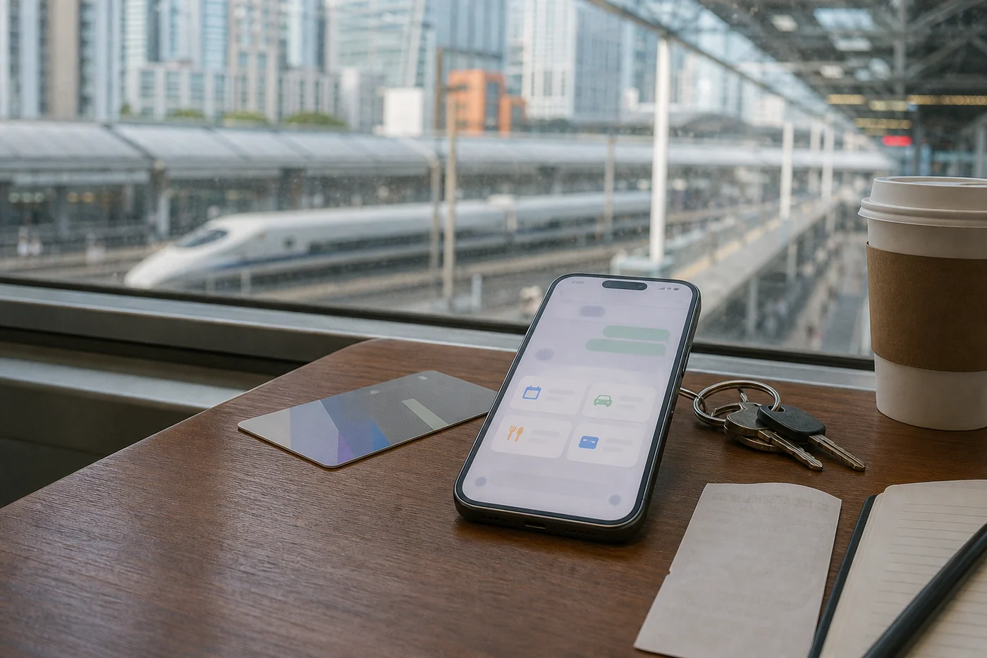 A realistic train-station cafe table with a smartphone showing a blurred messaging app, service cards, keys, coffee, transit card, notebook, and city commute outside the window.