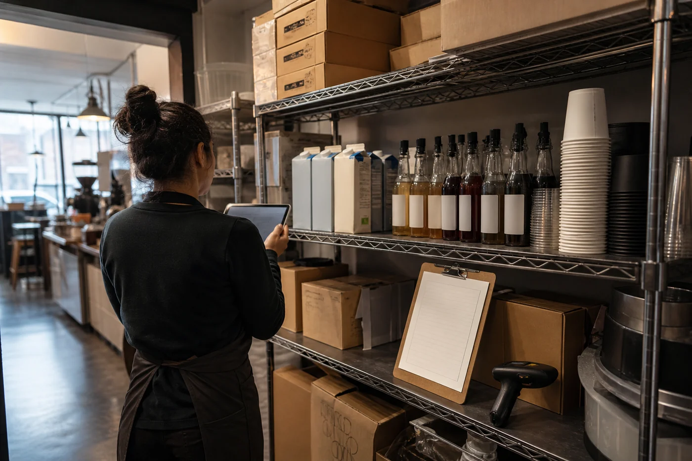 A coffee shop worker compares a tablet with milk cartons and syrup bottles on a backroom shelf.