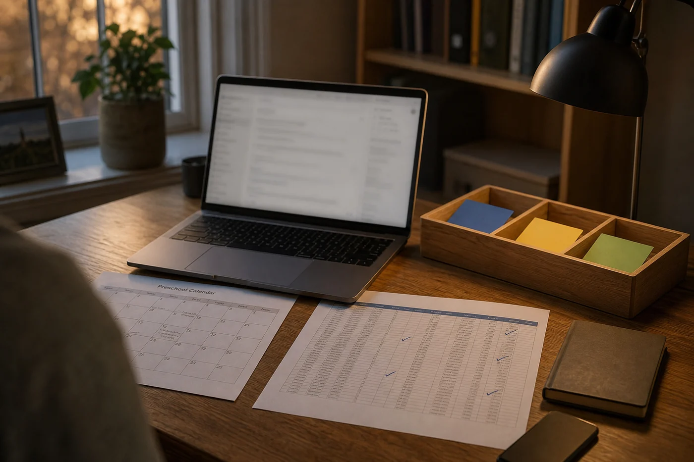 A home-office desk with a laptop, paper calendar, printed spreadsheet and a wooden tray for sorting work.