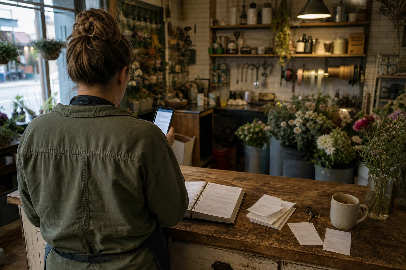 A florist checks a phone at the counter beside an appointment book, invoice envelopes, customer slips, keys and coffee before opening.