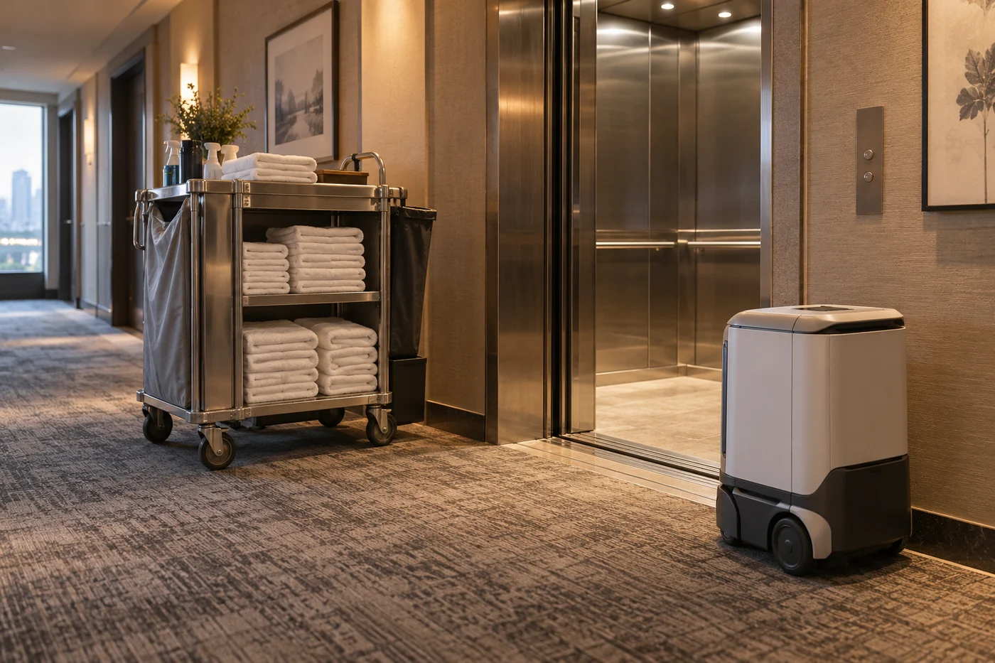 A housekeeping trolley with folded towels and a small wheeled delivery robot waiting beside an open hotel elevator.