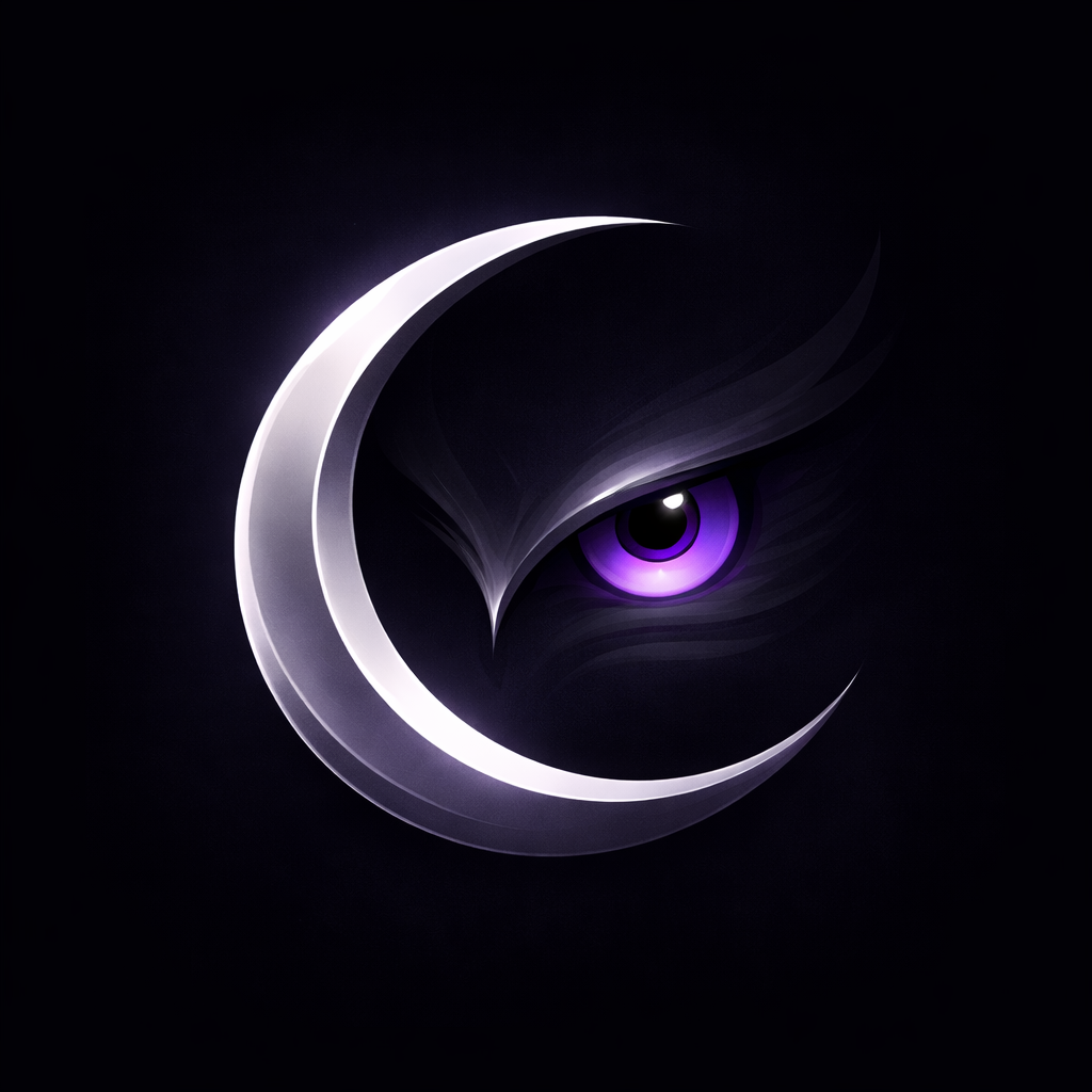 Nocturnal owl mark with a glowing purple eye