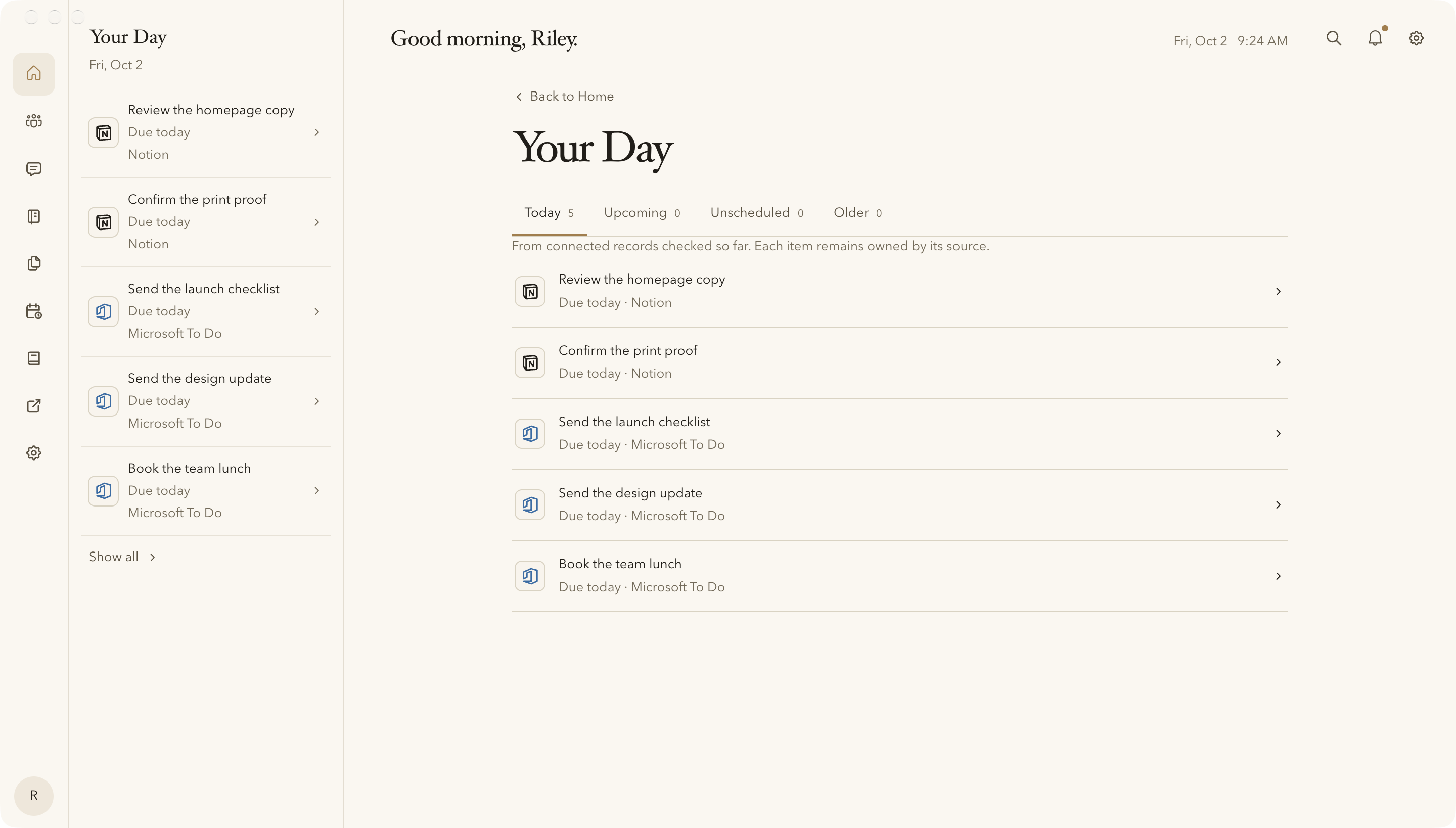 Actual expanded Your Day agenda with Riley’s fictional launch tasks from Microsoft To Do and an illustrative Notion custom mapping.